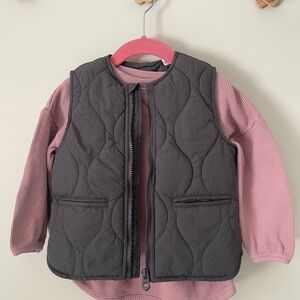 Zara Gray Quilted Vest with Pink Lining & Zara pink waffle long sleeve shirt.